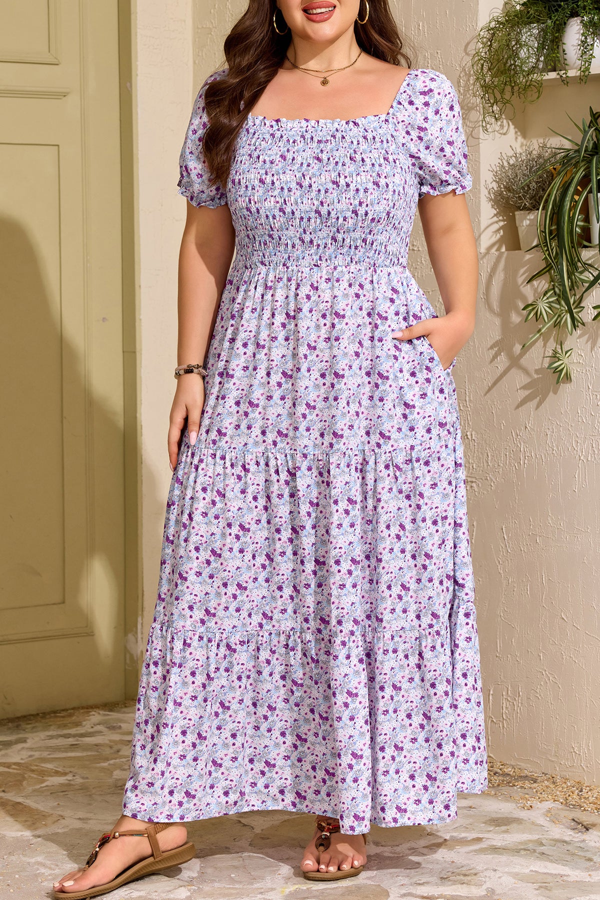 Plus Size Floral Print Square Neck Smocked Maxi Dress