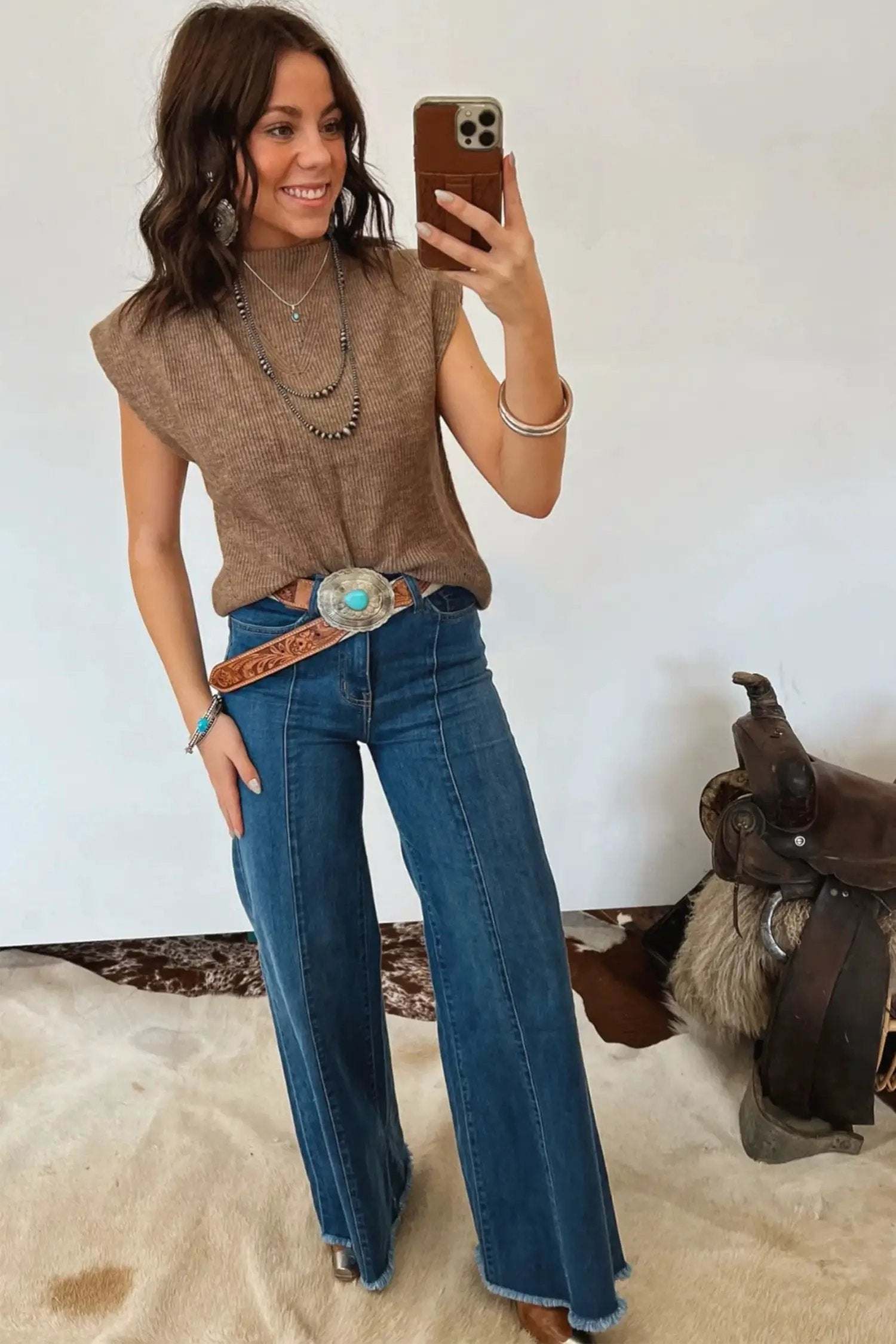 Caramel brown ribbed knit top