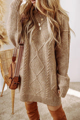 Oatmeal marled cable-knit sweater dress with a funnel neckline, drop shoulders, long balloon sleeves, and a cable-and-diamond knit pattern down the body to a ribbed mini hem.