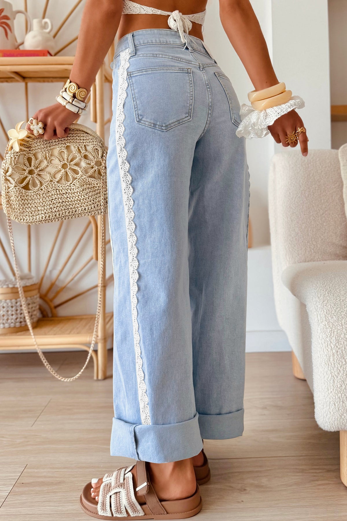 Lace Trim Casual Full-Length Regular Fit Jeans