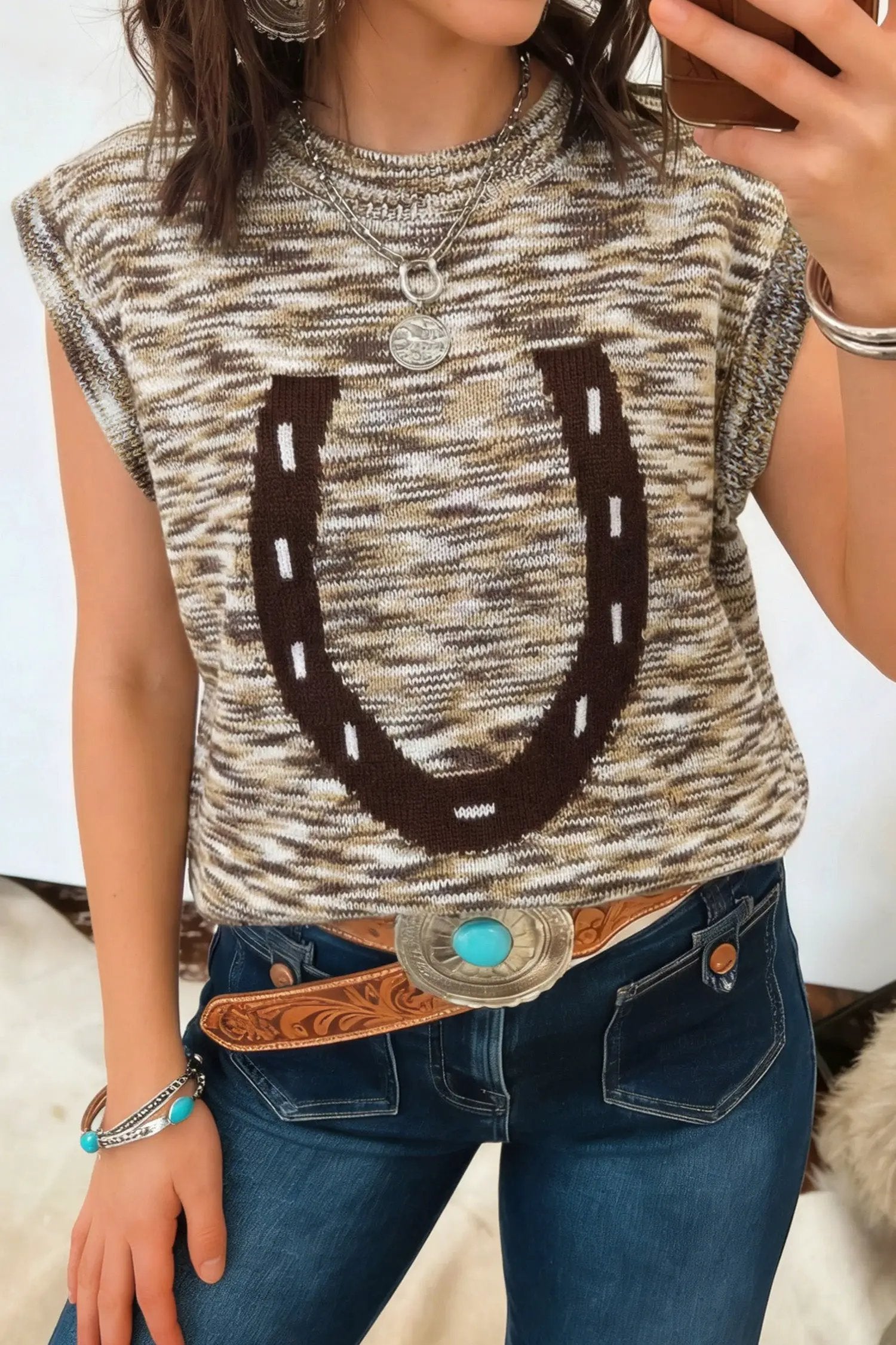 brown western horseshoe printed round neck sweater vest for women casual everyday outfit