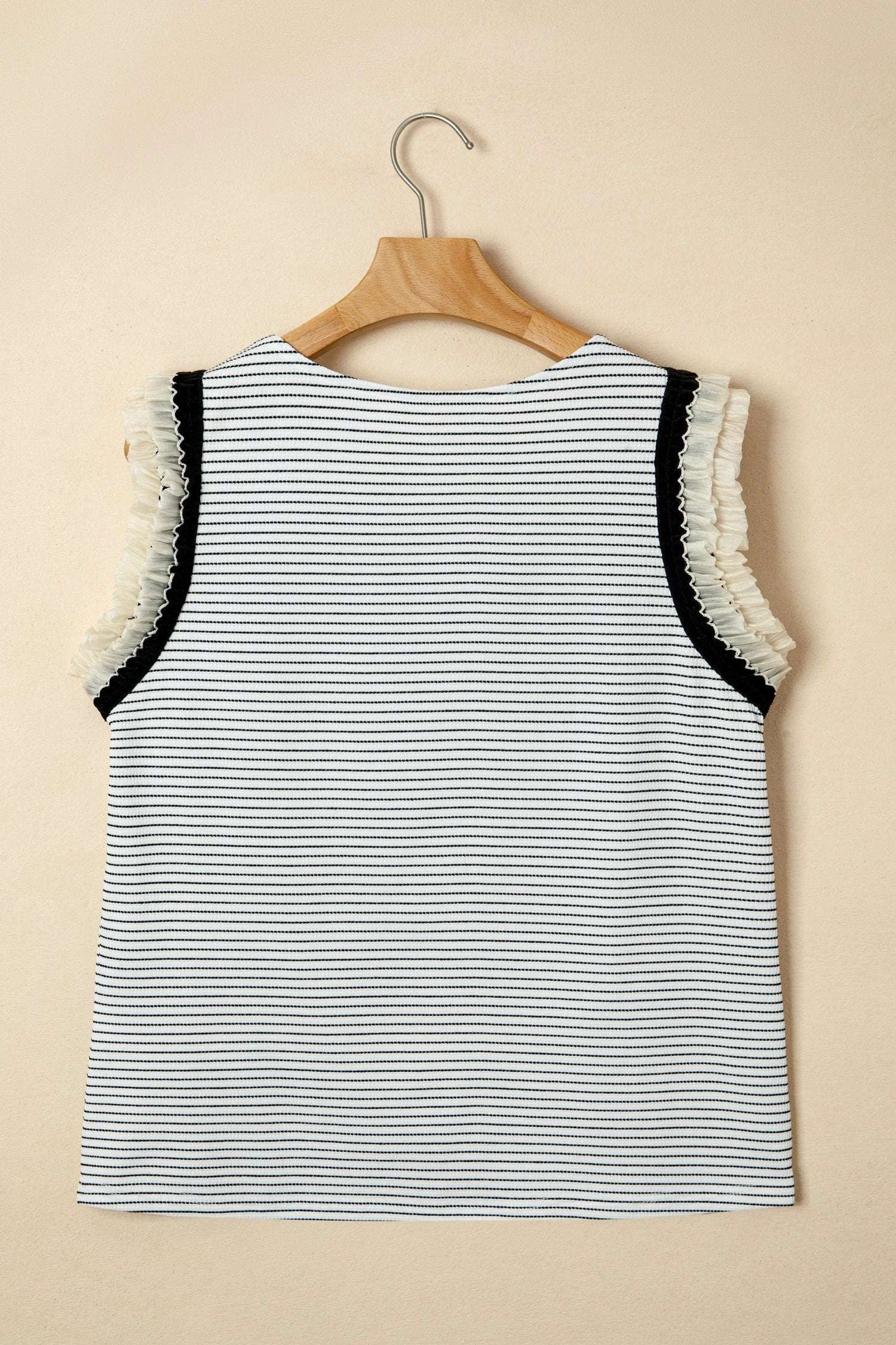 black stripe contrasted ruffle trim casual tank top for women casual everyday outfit