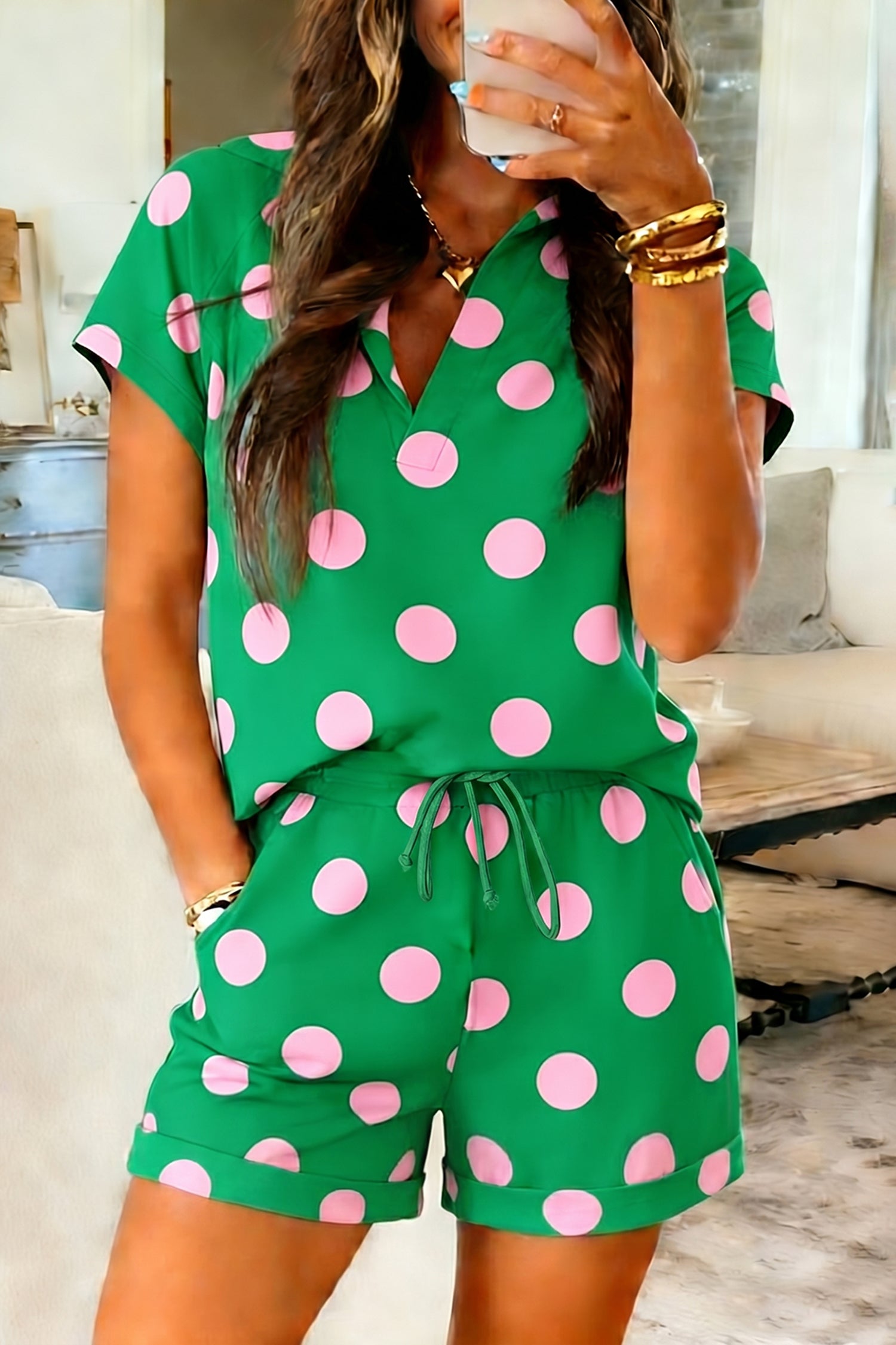 Polka Dot Tee Short Set | V-Neck Casual Outfit Set