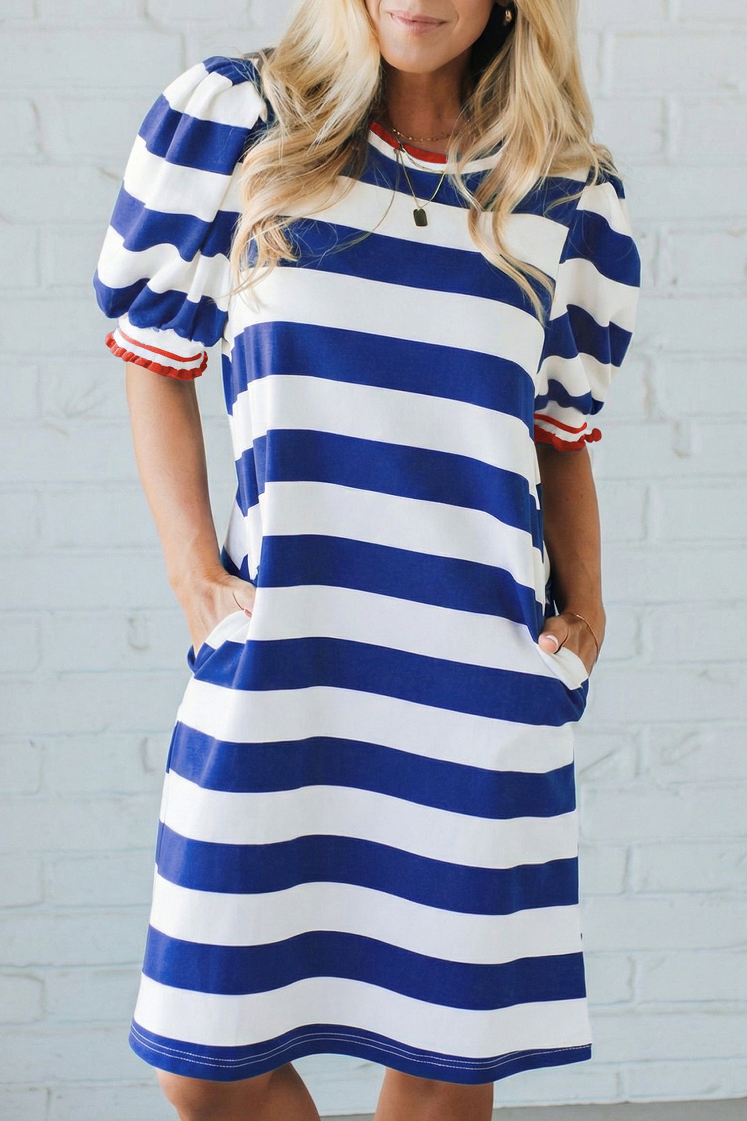 Stripe Contrast Trim Round Neck Short Puff Sleeve Shift Mini Dress — everyday dress for women | J&H Apparel