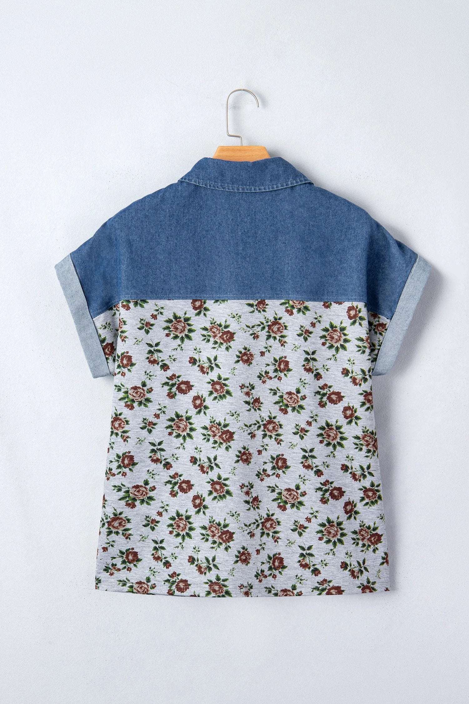 gray retro floral print denim patchwork buttoned polo collar top for women casual everyday outfit