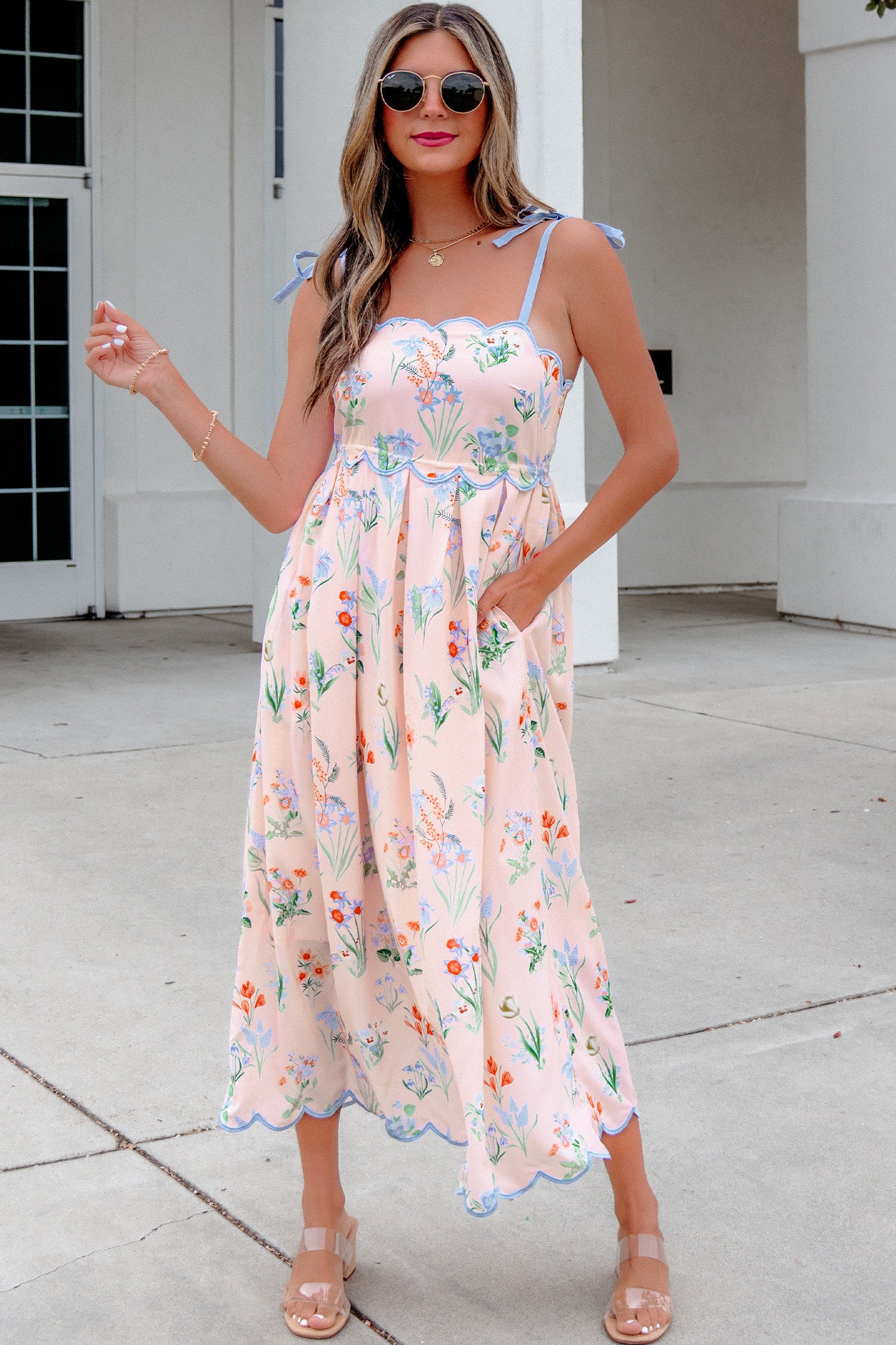 Floral Print Contrast Trim Self-tie Straps High-Waisted Midi Dress — everyday dress for women | J&H Apparel