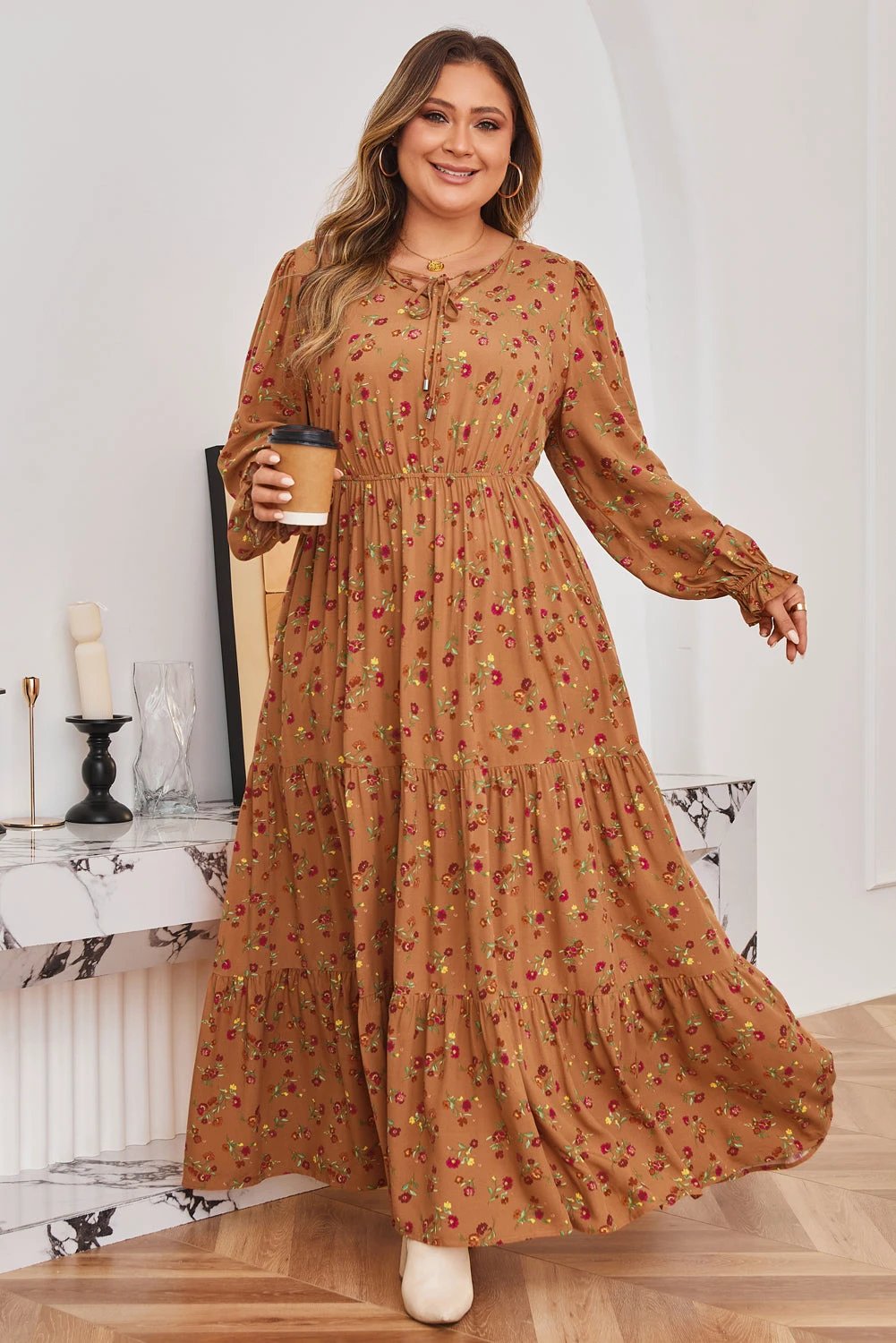 Brown plus size floral maxi dress with split V-neck and ruffled long sleeves
