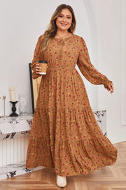 Brown plus size floral maxi dress with split V-neck and ruffled long sleeves