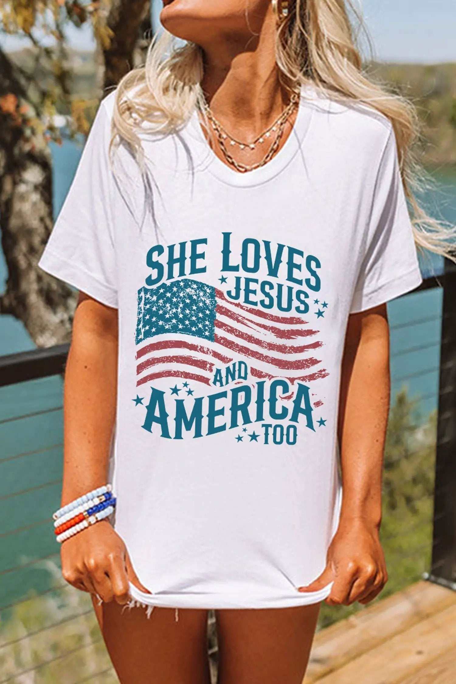 Patriotic Graphic Tee She Loves Jesus and America flag casual shirt