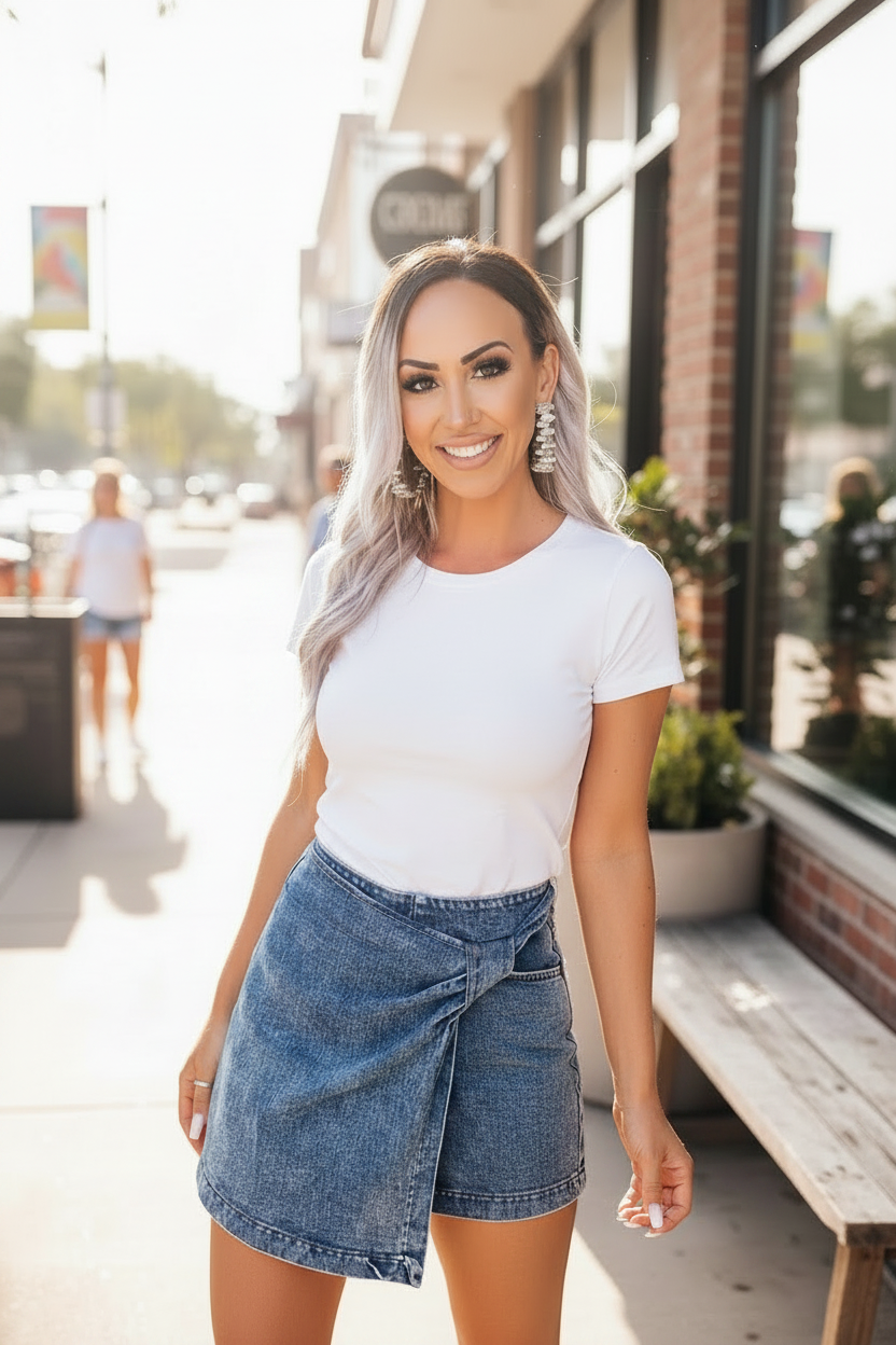 Acid Wash Asymmetric Twisted Wrapped Zipped Denim Skort — women's everyday top | J&H Apparel