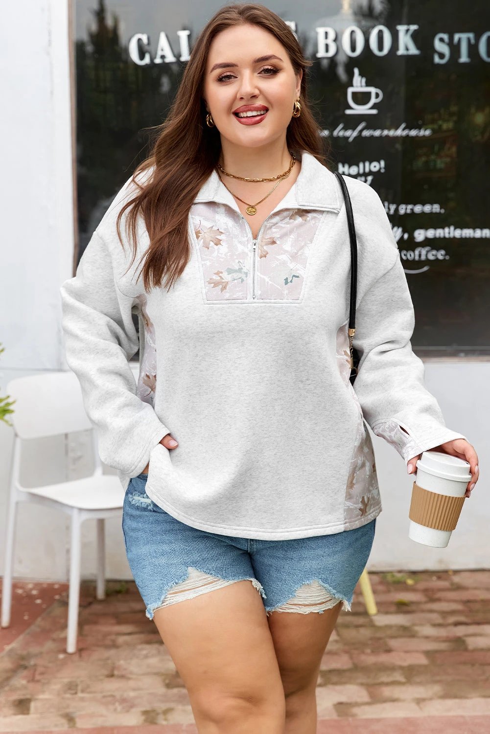 gray camo leaves patchwork zipped collar pullover plus size sweatshirt for women casual everyday outfit