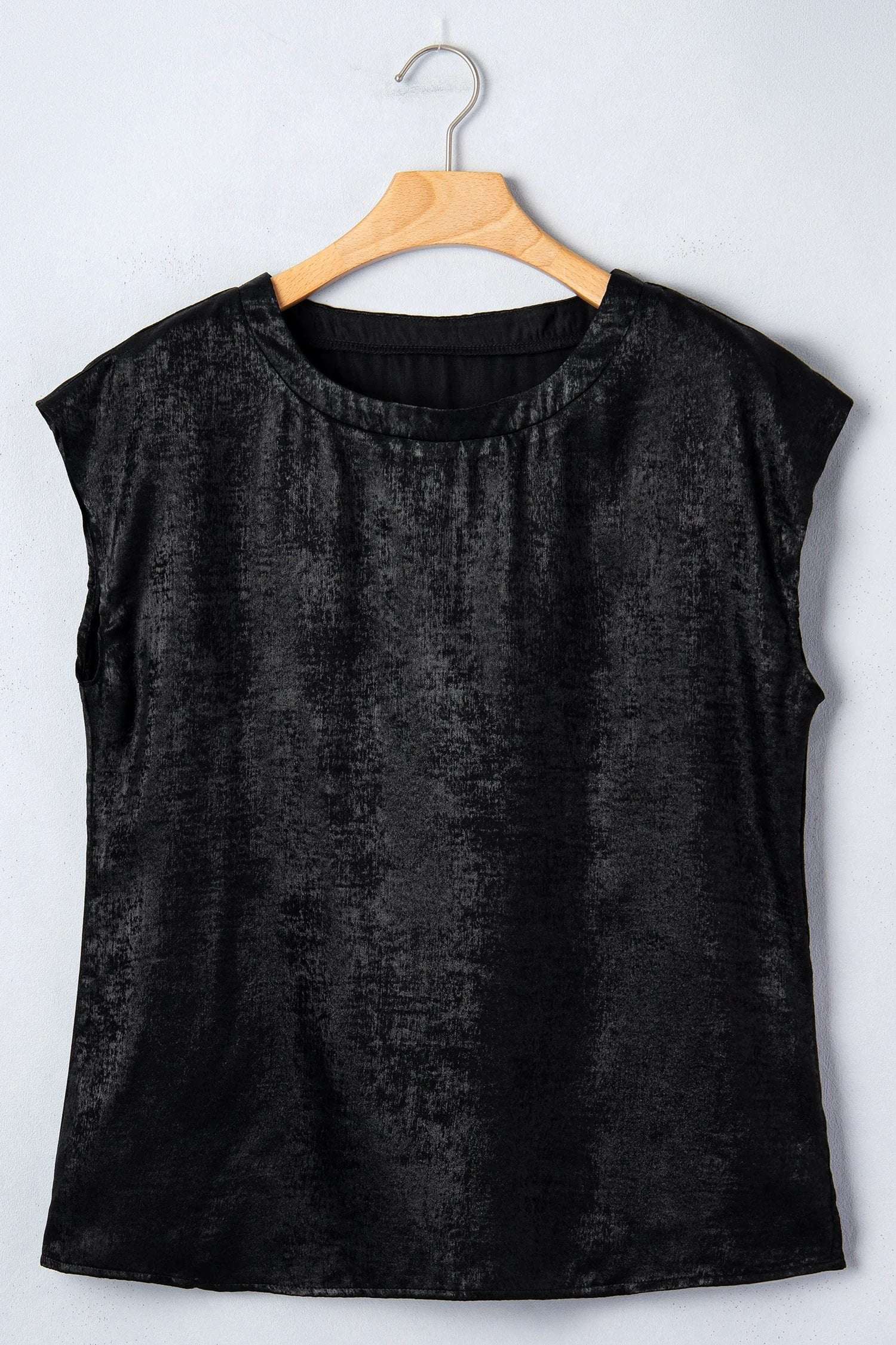 black metallic round neck cap sleeve tee for women casual everyday outfit