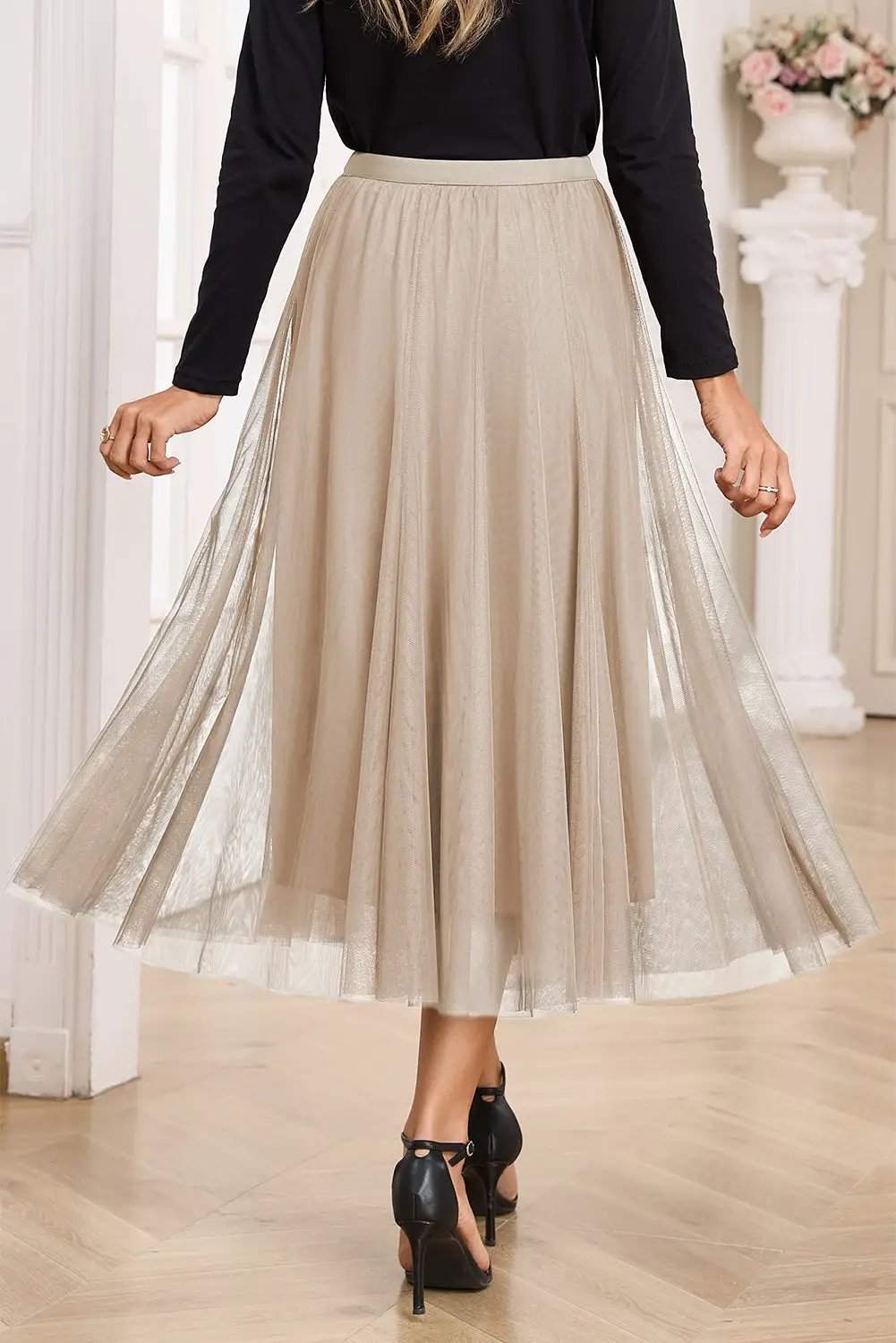 Dear-Lover Dropshipping Apricot Tulle Mesh Overlay Flared Midi Skirt - Bottoms/Skirts & Petticoat