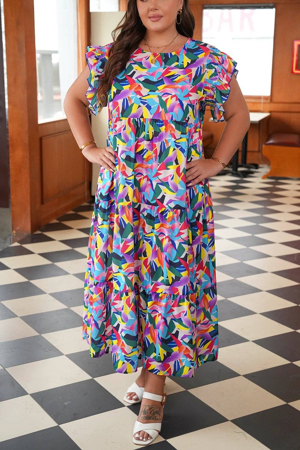 Plus size Main Character Energy geometric print ruffled short sleeve tiered maxi dress