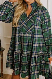 Plus size green plaid long sleeve notched neck shift mini dress