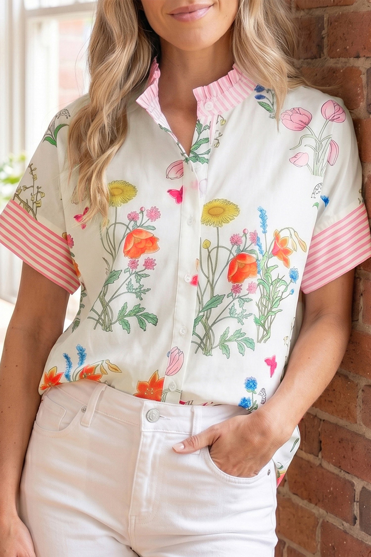 Floral Striped Patchwork Ruffled Collar Short Sleeve Shirt — women's everyday bottoms | J&H Apparel