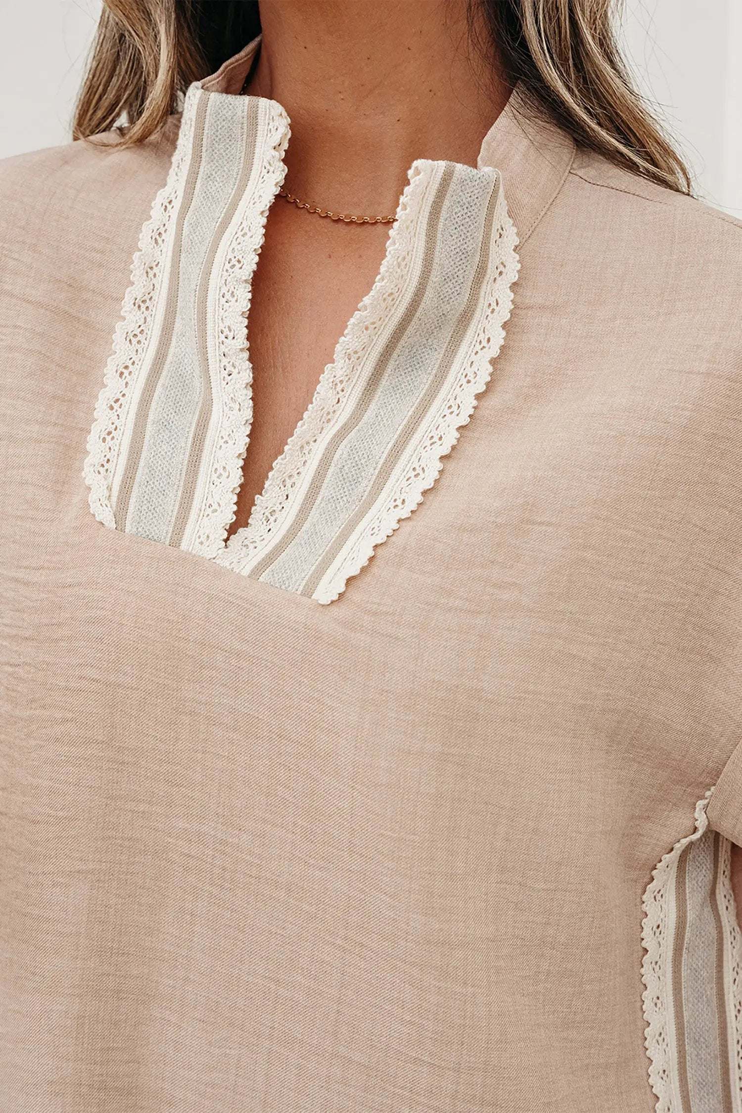 J&H Apparel Crochet Lace Accent Pullover Rolled Short Sleeve Blouse - Blouses Tops/Blouses & Shirts