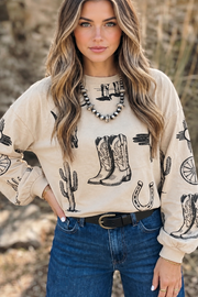 Khaki Western Print Long Sleeve Round Neck Loose Top