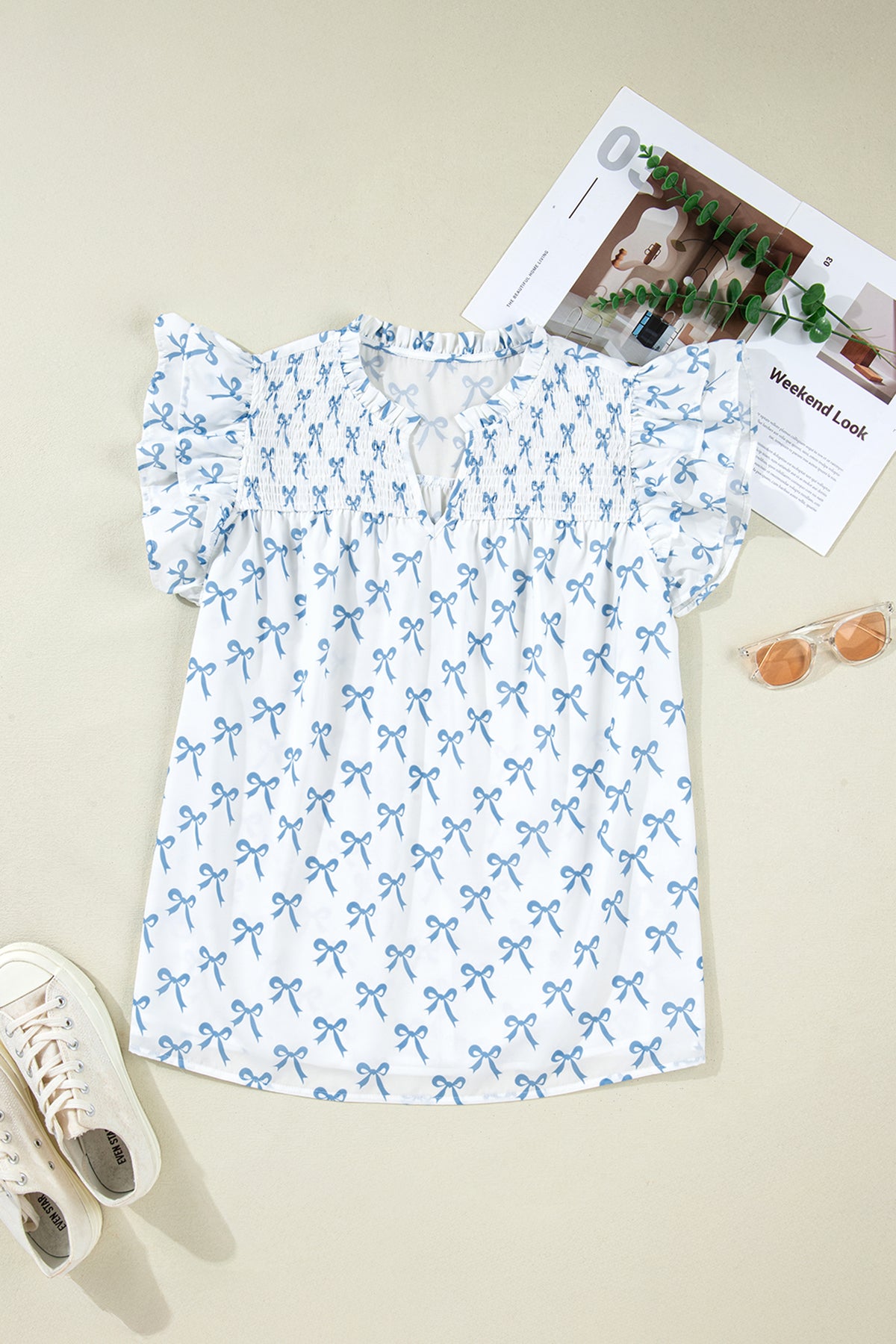 Plus Size Ruffled Short Sleeve Bow Top