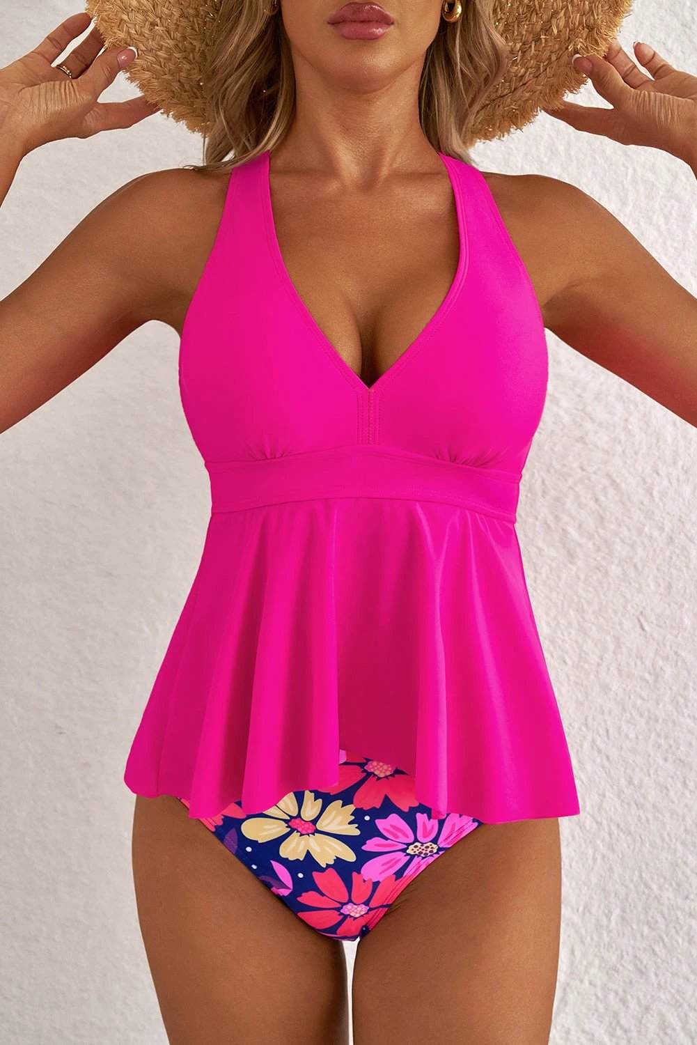 rose v neck ruffled hem floral bottom tankini set for women casual everyday outfit