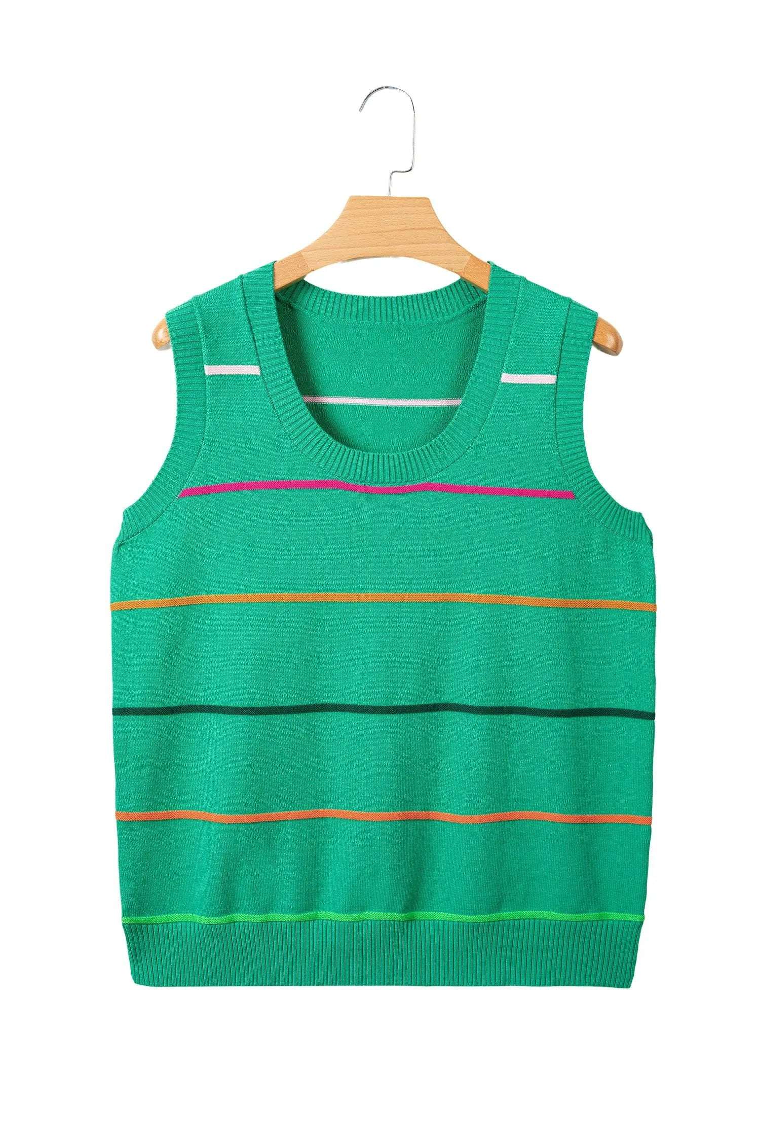 Model wearing stripe round-neck knit sleeveless tank with color-block accents