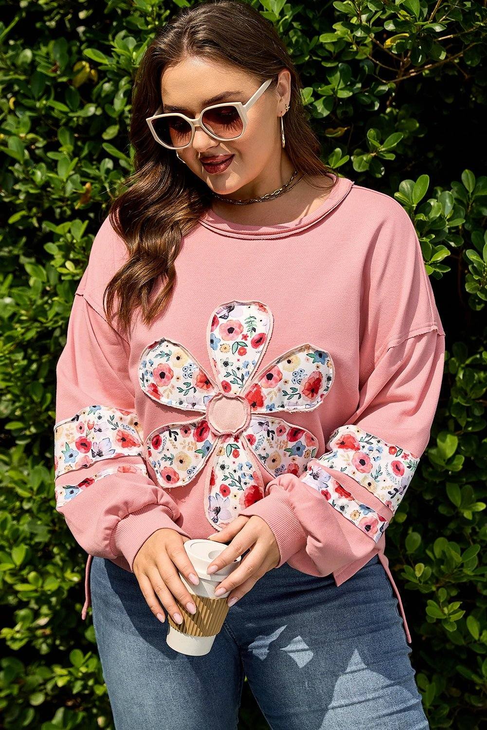 Plus size feel-good confidence sweatshirt with peach blossom floral applique and drop shoulder design