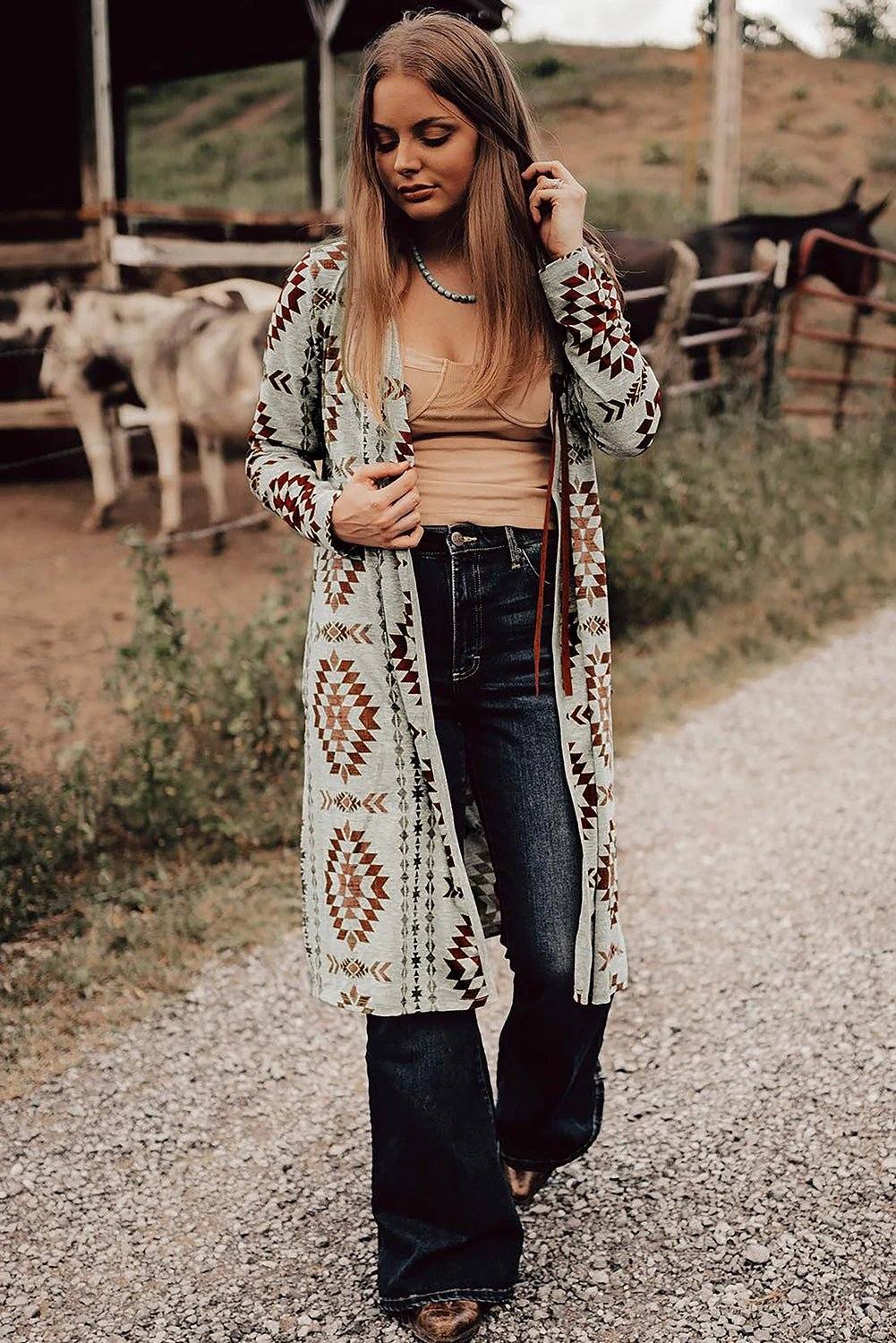 Western Vibes | Boho Western Vibe Aztec Print Long Cardigan for Women
