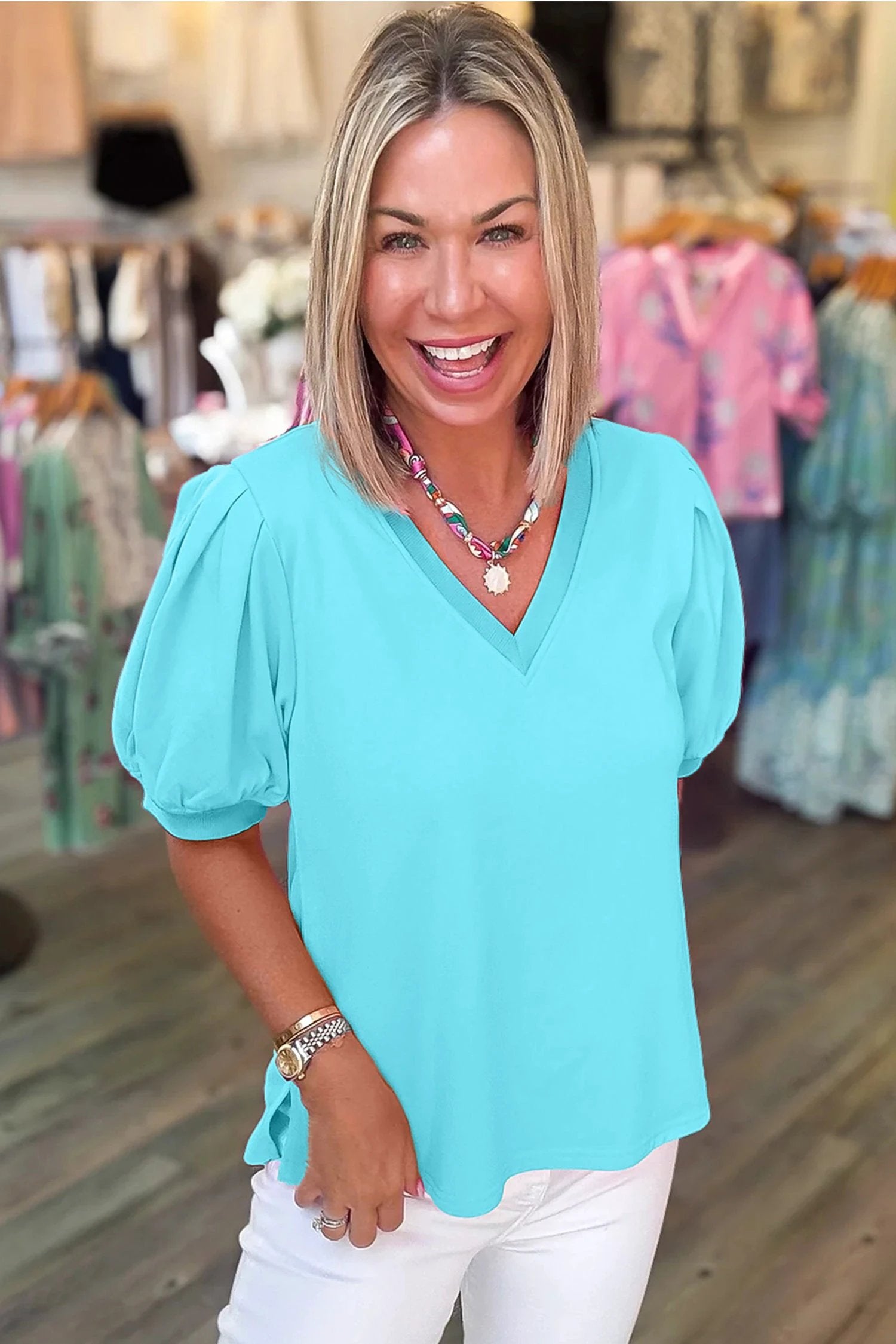 mint green solid color v neck short puff sleeve blouse for women casual everyday outfit