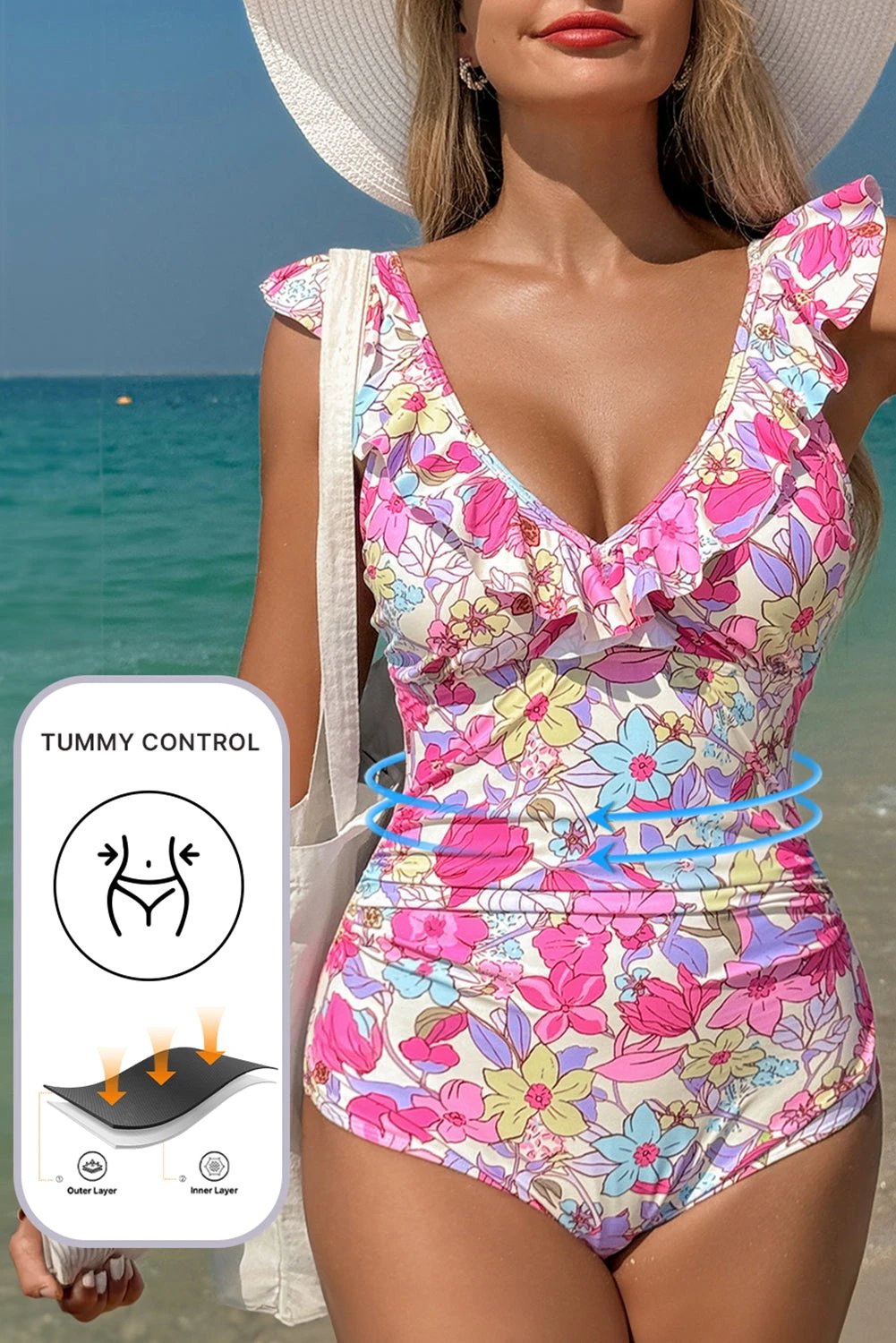 pink floral ruffle trim v neck lace-up back tummy control one piece swimsuit for women casual everyday outfit