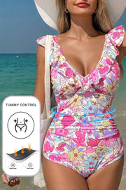floral ruffle trim one-piece swimsuit with lace-up back and tummy control for sun-kissed confidence