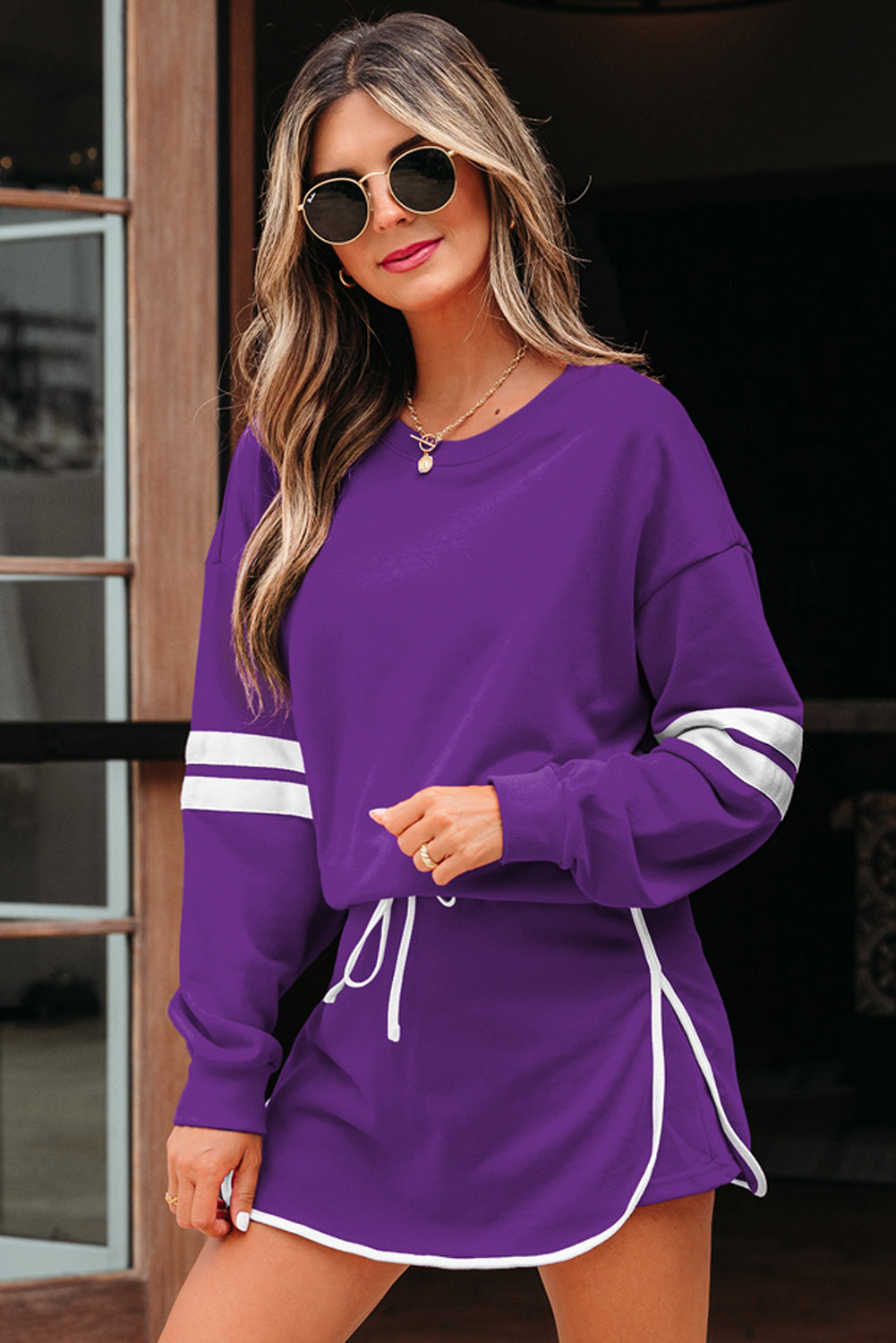 Navy Blue Varsity Stripe Detail Drop Shoulder Pullover Mini Skort Set