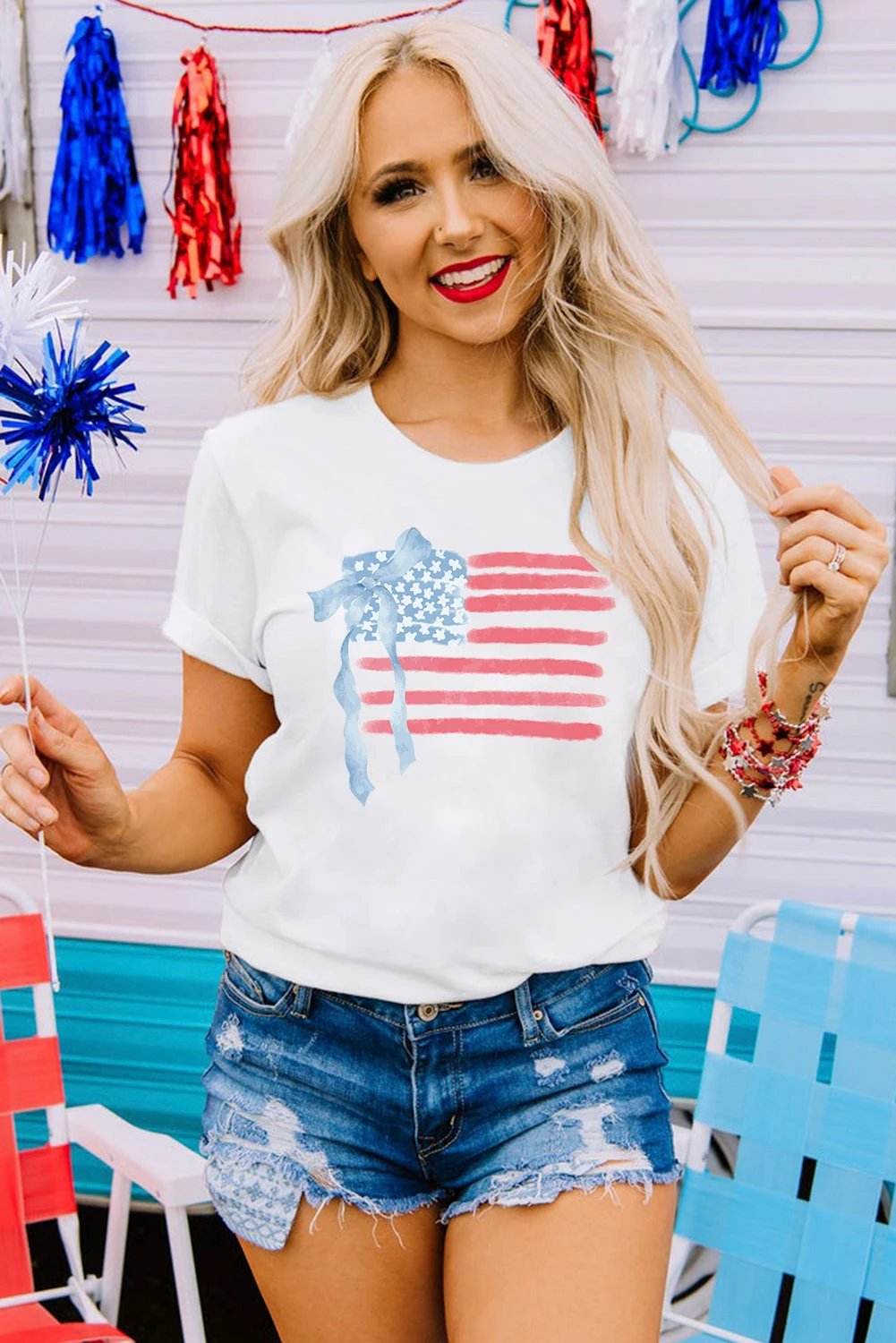white american flag bow knot print crew neck t shirt for women casual everyday outfit