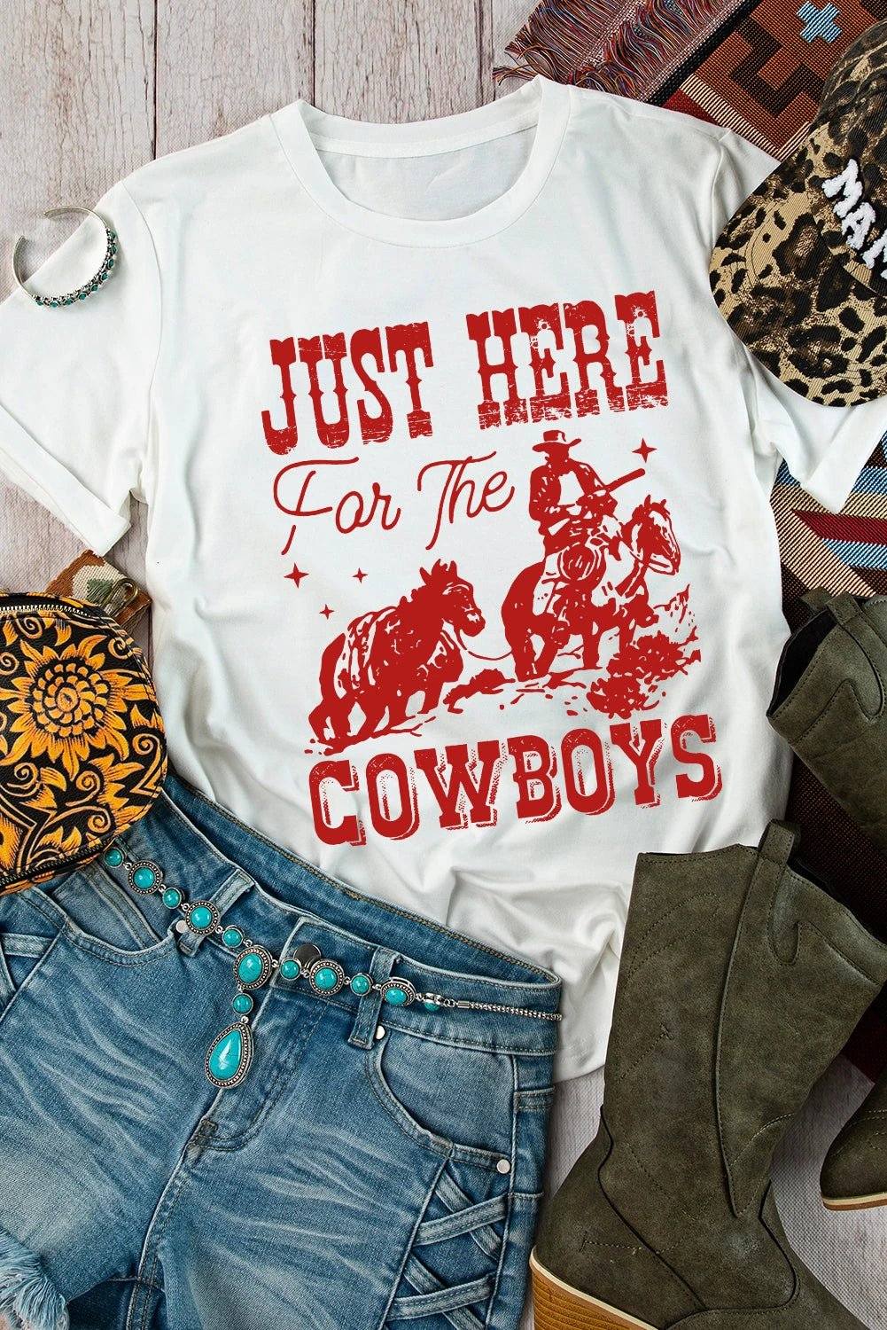  western graphic tee – “just here for the cowboy” for women casual everyday outfit
