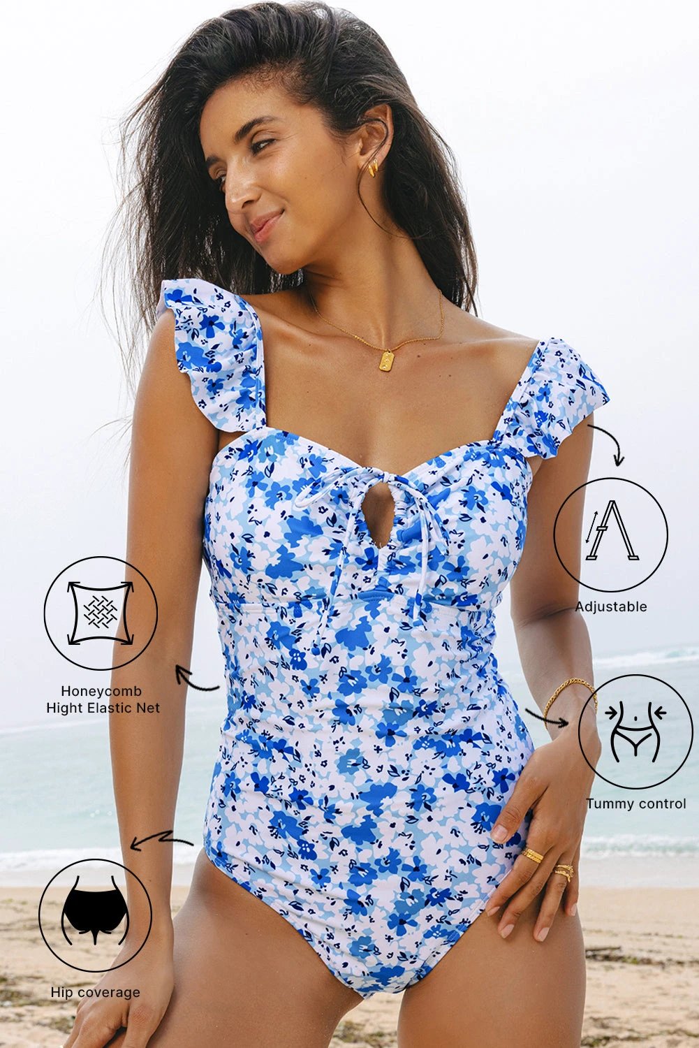 blue floral ruffled strap lace-up hollow out one piece swimsuit for women casual everyday outfit