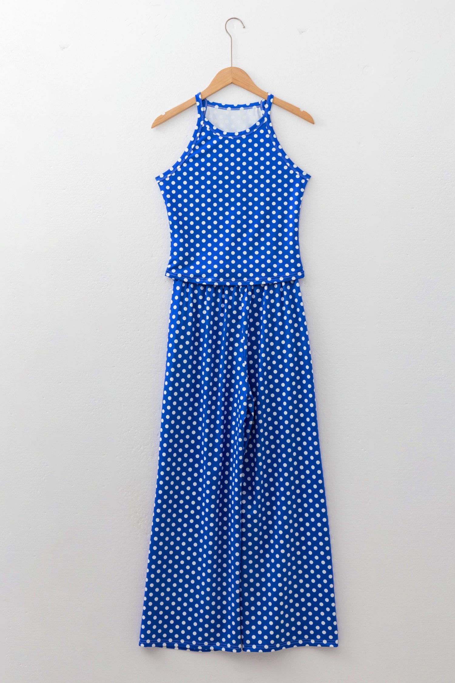 Blue Polka Dot Print Slim Tank Loose Pants 2pcs Outfit