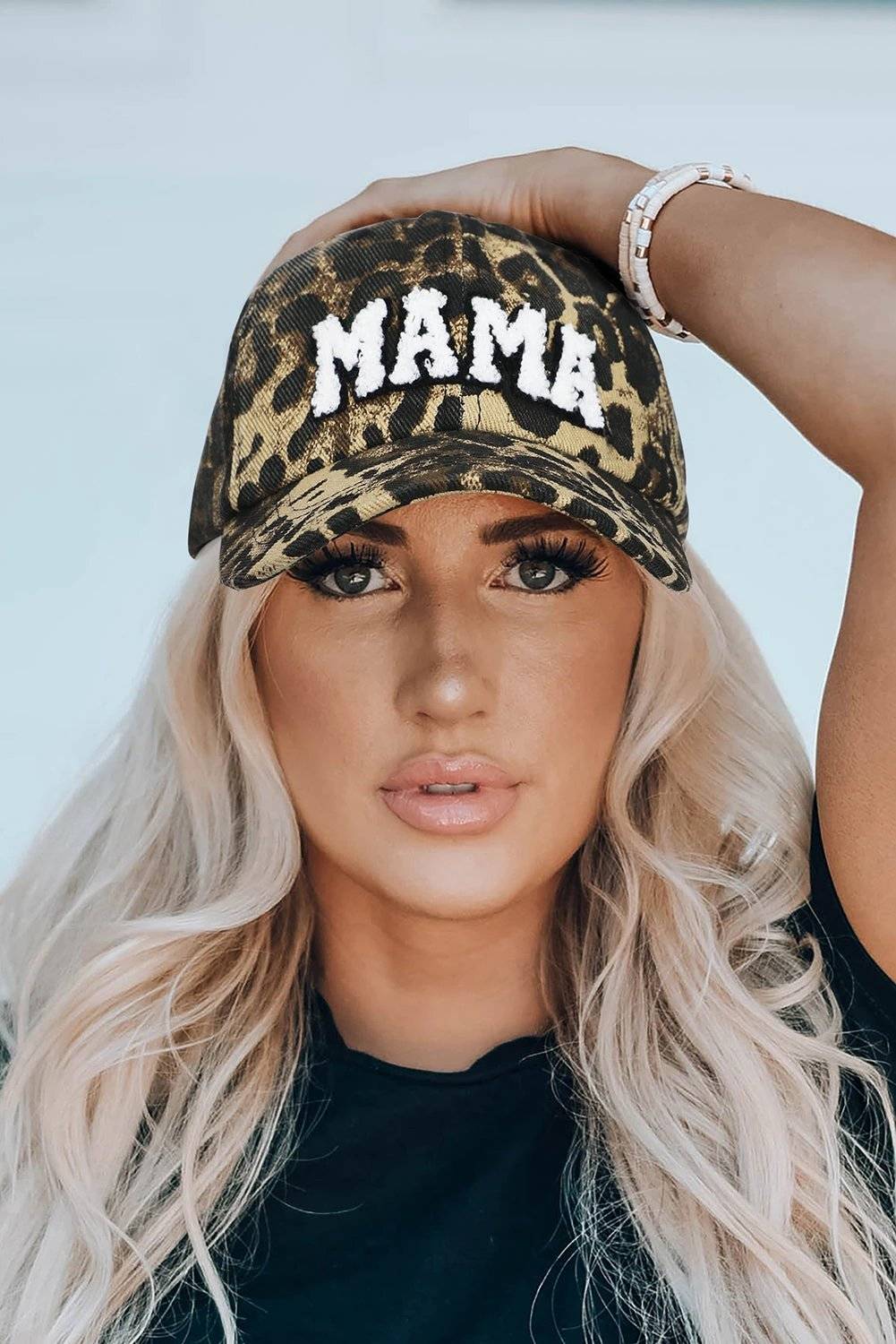 Leopard print baseball cap with bold MAMA embroidery and breathable cotton fabric for casual wear