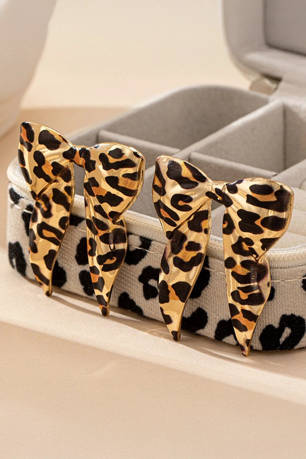 gold leopard print bow knot shape plated alloy earrings for women casual everyday outfit