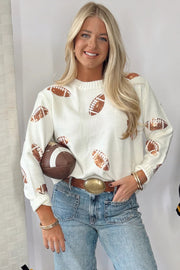 Sequin Football Print Round Neck Long Sleeve Loose Fit Sweater