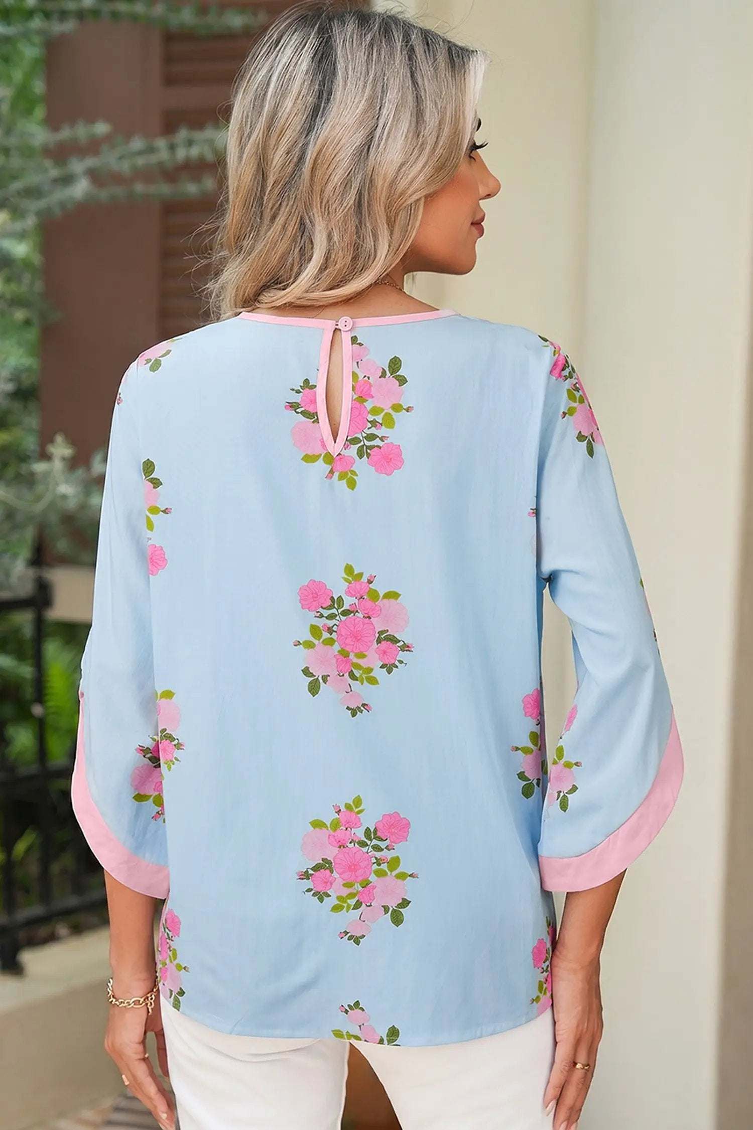 J&H Apparel Sky Blue Floral Print Button Cuffed 3/4 Sleeve Round Neck Blouse - Blouses Tops/Blouses & Shirts