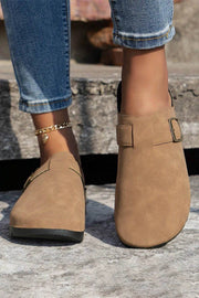 Light French beige suede slip-on shoes with buckle detail for cozy mom confidence