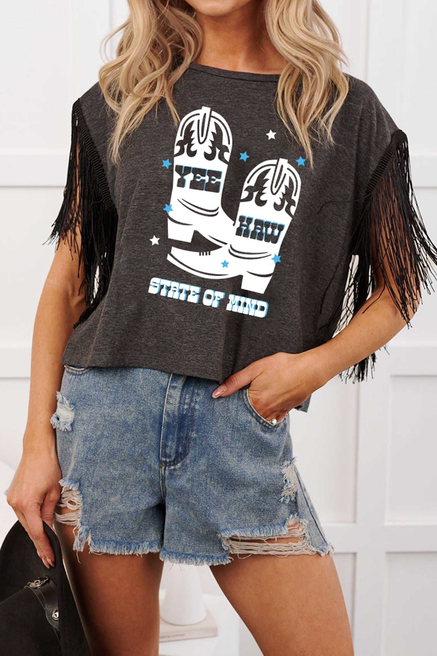 Fringe Sleeve Western Graphic Tee carbon grey yee haw boots western top