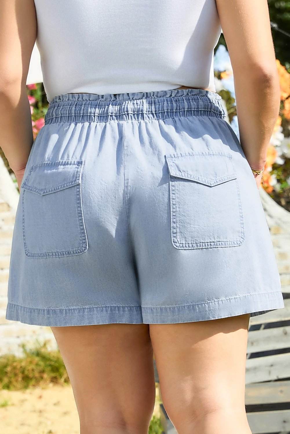 Plus size Chic Mom Energy high waist denim shorts with pockets and drawstring waistband