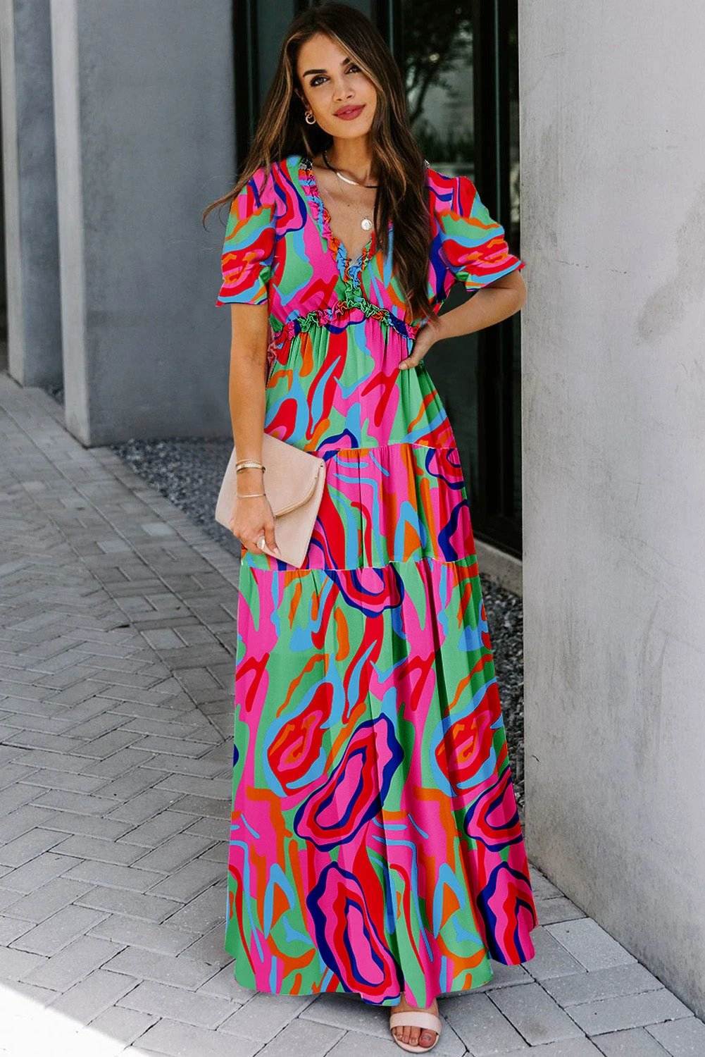 sky blue fiery floral print frilled v neck short sleeve maxi dress for women casual everyday outfit