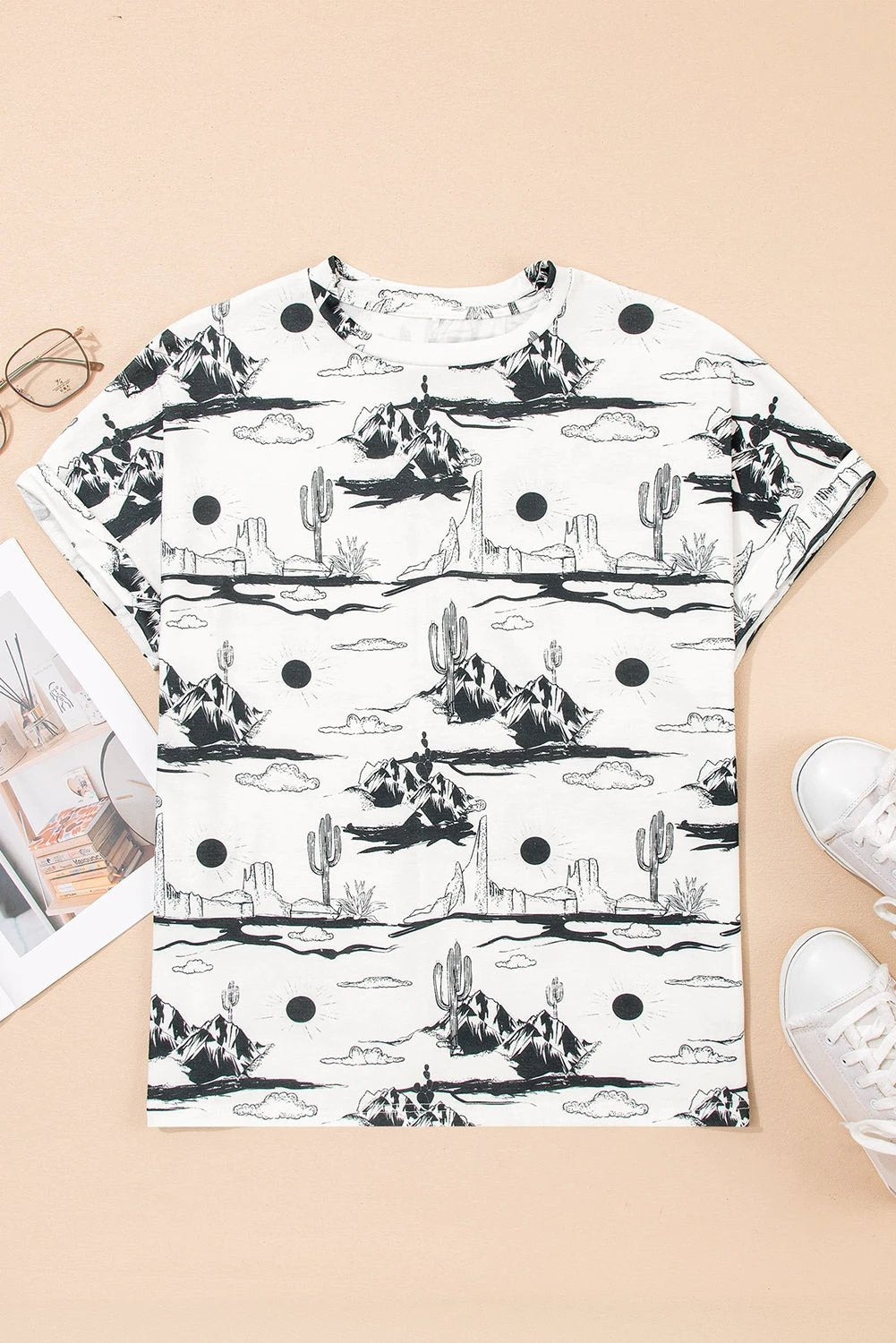 white desert sand print short sleeve knit top for women casual everyday outfit