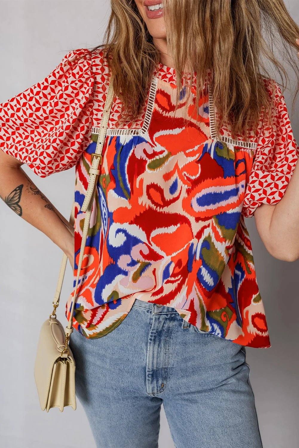 Boho chic paisley geometric puff sleeve blouse top for women