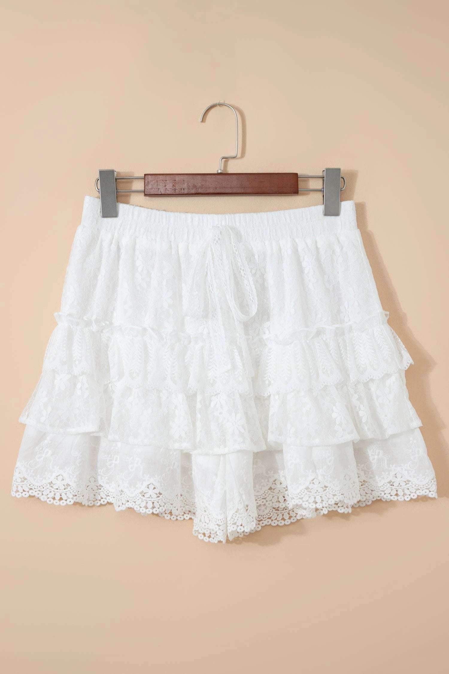 white lace ruffle tiered drawstring elastic waist sweet shorts for women casual everyday outfit