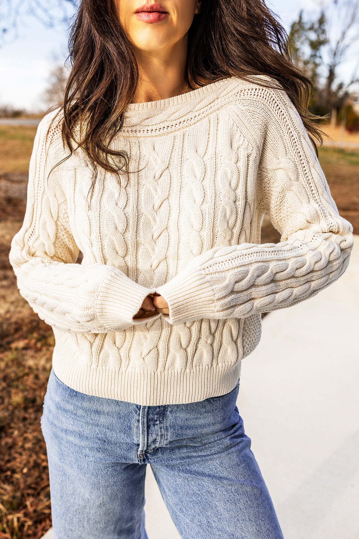 Drop-Shoulder Round Neck Cable Knit Sweater