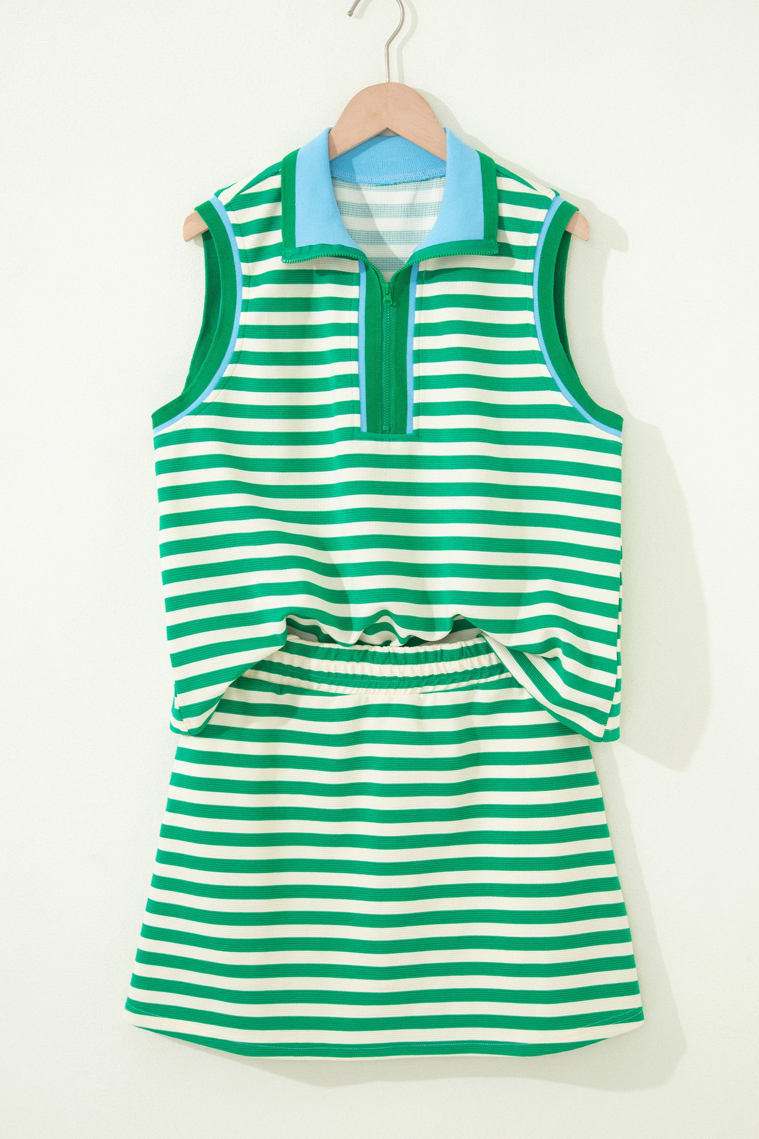 Vacation Vibes | Textured Stripe Two Piece Skort Set With Contrast Trim