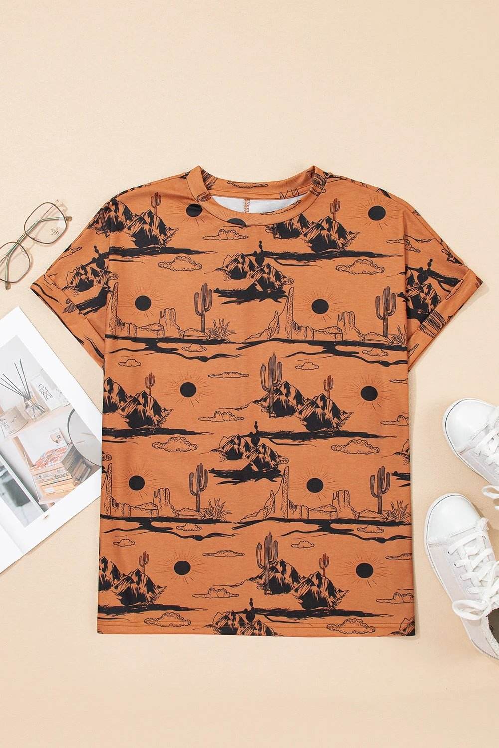 chestnut desert sand print short sleeve knit top for women casual everyday outfit