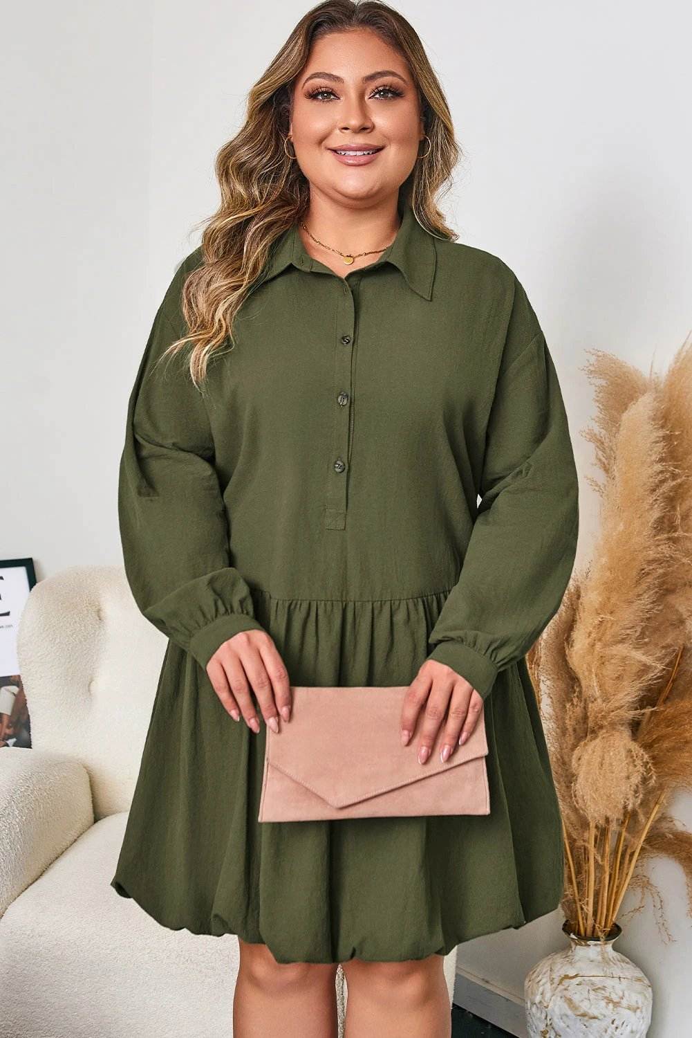 Plus size olive green collar button-front long sleeve mini dress with ruffle hem